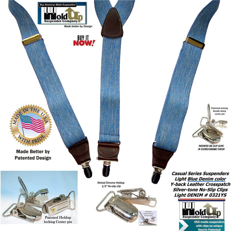 [Australia] - Holdup brand USA made Light Blue Denim Y-back Suspenders with Silver-tone No-slip Clips 