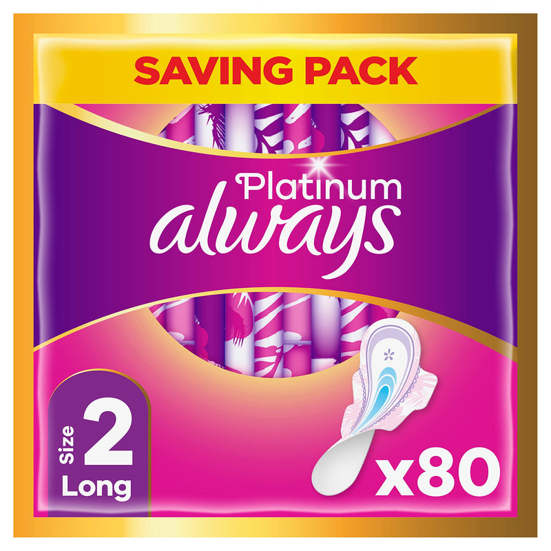 [Australia] - Always Platinum Sanitary Towels with Wings, Size 2, Long, 80 Towels (20 x 4 Packs), SAVING PACK, Odour Neutraliser, 5x Comfort Size 2, Long, 20 x 4 Packs 