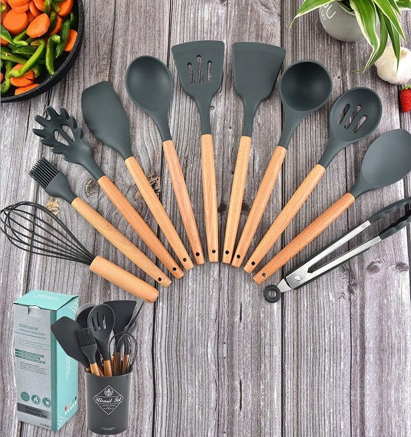 [Australia] - Cozywind Cooking Utensils Set with Holder Silicone Kitchen Utensils Set,12 pcs Wooden Handles, Kitchen Spatula Set Non-Stick 
