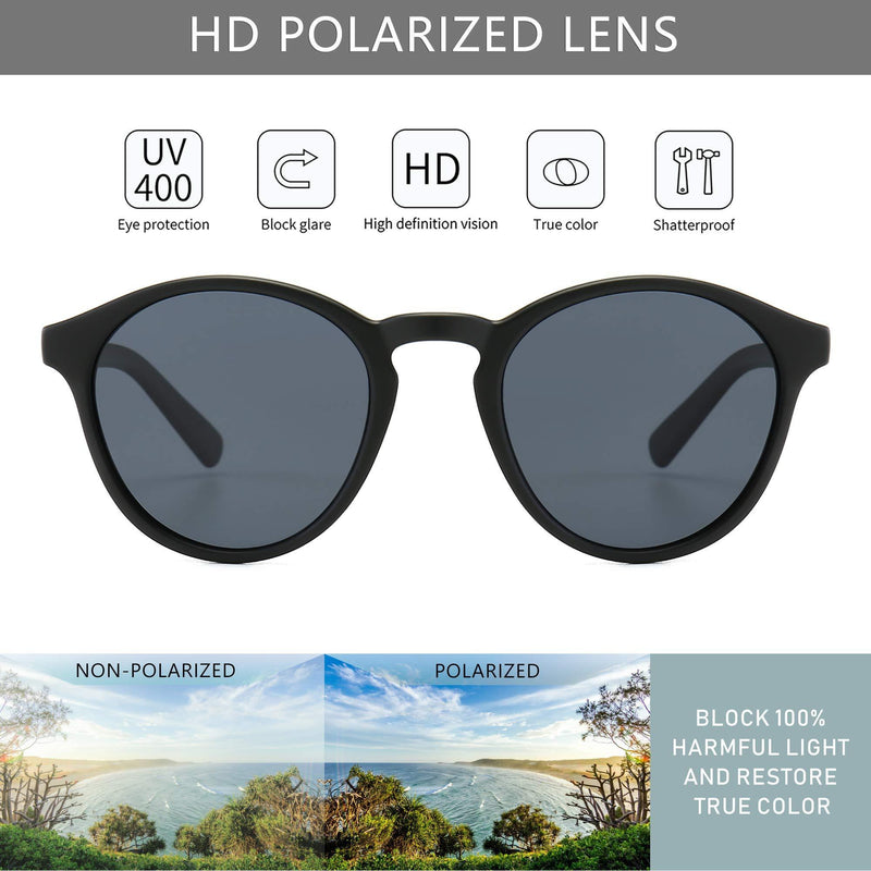 [Australia] - SUNGAIT Women's Retro Polarized Sunglasses with TR90 Frame Sunglasses Vintage Round Style for UV400 Protection Black Frame(matte Finish)/Grey Lens 