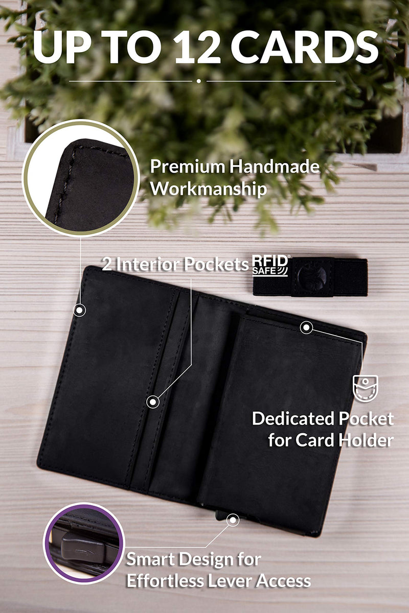 [Australia] - Leather RFID Minimalist Wallet - Wallets for Men with Slim Pop-up Card Holder Black Crazy Horse v3.0 