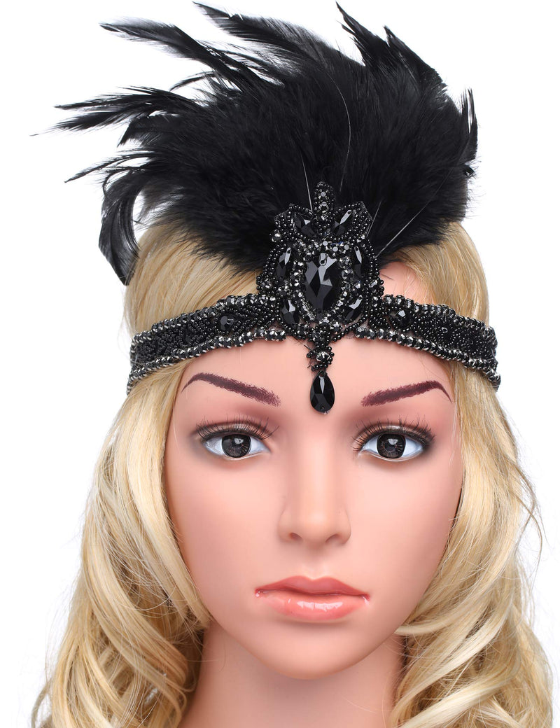 [Australia] - BABEYOND 1920s Flapper Headpiece 20s Carnival Feather Headband Gatsby Accessory Black 