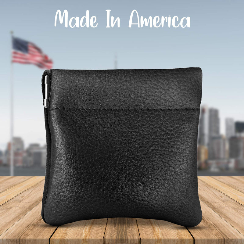 [Australia] - Nabob Leather Genuine Leather Squeeze Coin Purse, Pouch Made IN U.S.A. Change Holder For Men/Woman Size 3.5 X 3.5 Black 