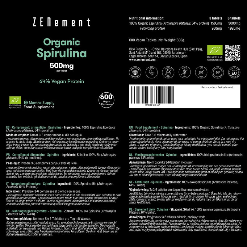 [Australia] - Organic Spirulina, 3000mg per dose, 600 Tablets | Superfood, Detox, Satiating, 100% Organic Spirulina, 64% Vegan Protein | 100% Natural Ingredients, Additives Free | Zenement 