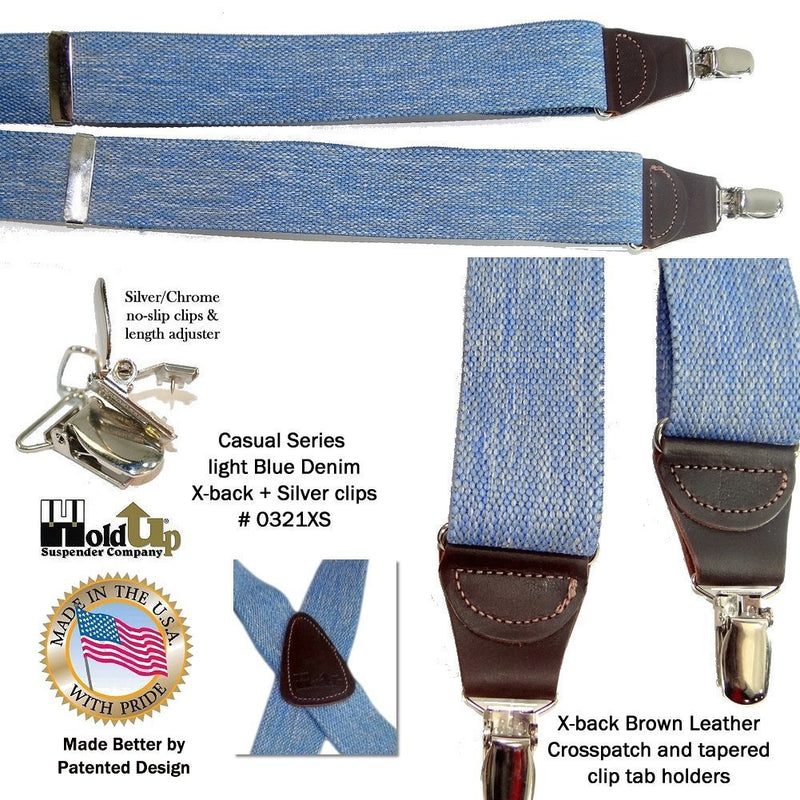 [Australia] - Holdup Suspenders in Light Blue Denim color have USA made 1 1/2" wide straps and X-back Crosspatch with No-slip Silver Clips 