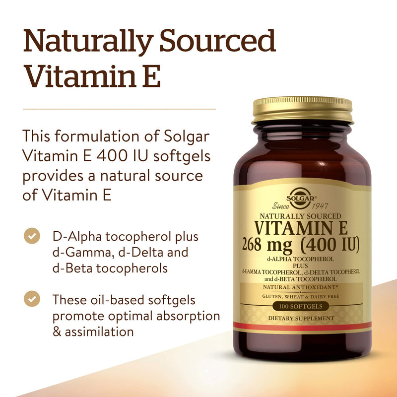 [Australia] - Solgar Vitamin E 268 MG (400 IU) Mixed (d-Alpha Tocopherol & Mixed Tocopherols), 100 Softgels - Supports Immune System & Skin Nutrition - Natural Antioxidant - Gluten Free, Dairy Free - 100 Servings 