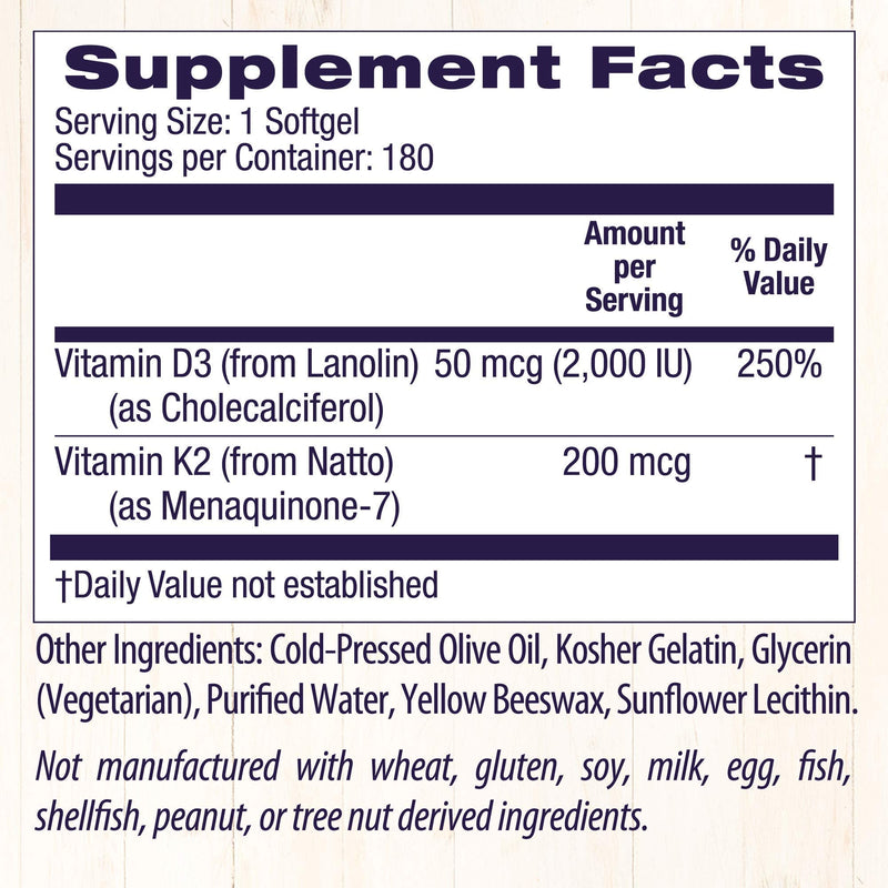 [Australia] - Healthy Origins Vitamin D3 & K2, 50 Mcg (2, 000 IU)/K2 200 Mcg, Softgels, 180 Count (Pack of 1) 180 Count (Pack of 1) 