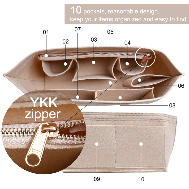 [Australia] - Doxo Felt Organizer Insert Handbag&Tote Purse Organizer Insert Large with Zipper Bag Fits for Speedy and Neverfull MM Beige Bag 