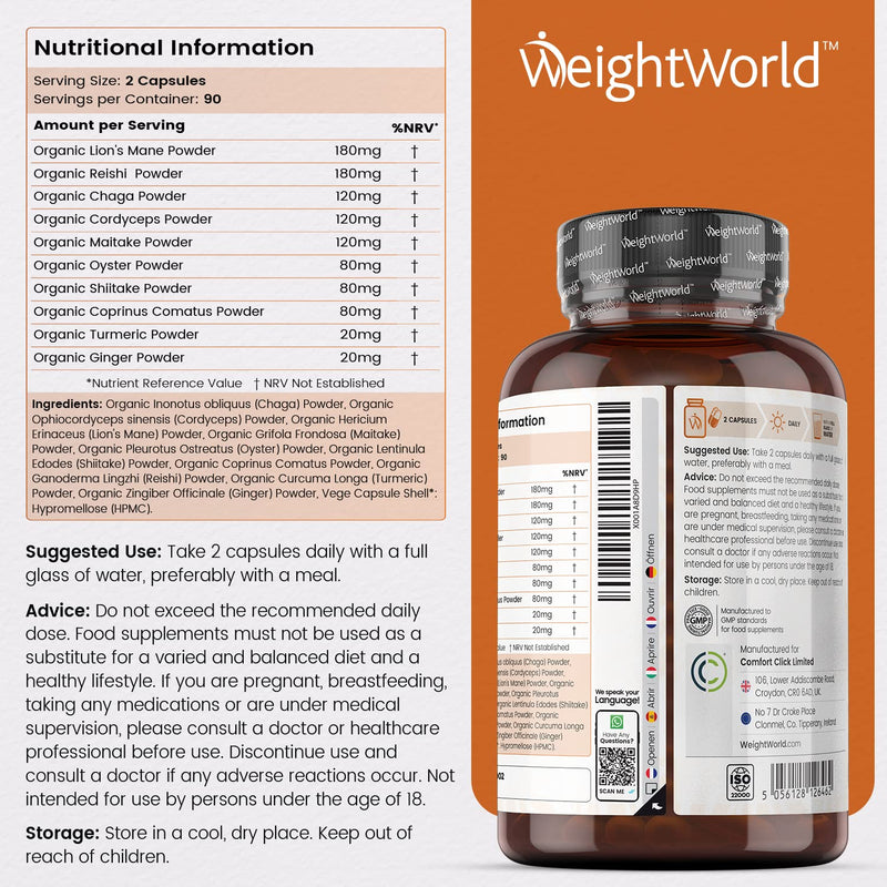 [Australia] - Organic Mushroom Complex 8 - 1000mg – 180 Vegan Mushroom Capsules - 8 Mushrooms Blend (Lion's Mane, Reishi, Chaga, Cordyceps, Shitake, Oyster, Maitake, Coprius) with Turmeric & Ginger – Non-GMO 