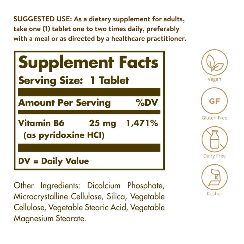 [Australia] - Solgar Vitamin B6 25 mg, 100 Tablets - Supports Energy Metabolism, Heart Health & Healthy Nervous System - B Complex Supplement - Vegan, Gluten Free, Dairy Free, Kosher - 100 Servings 