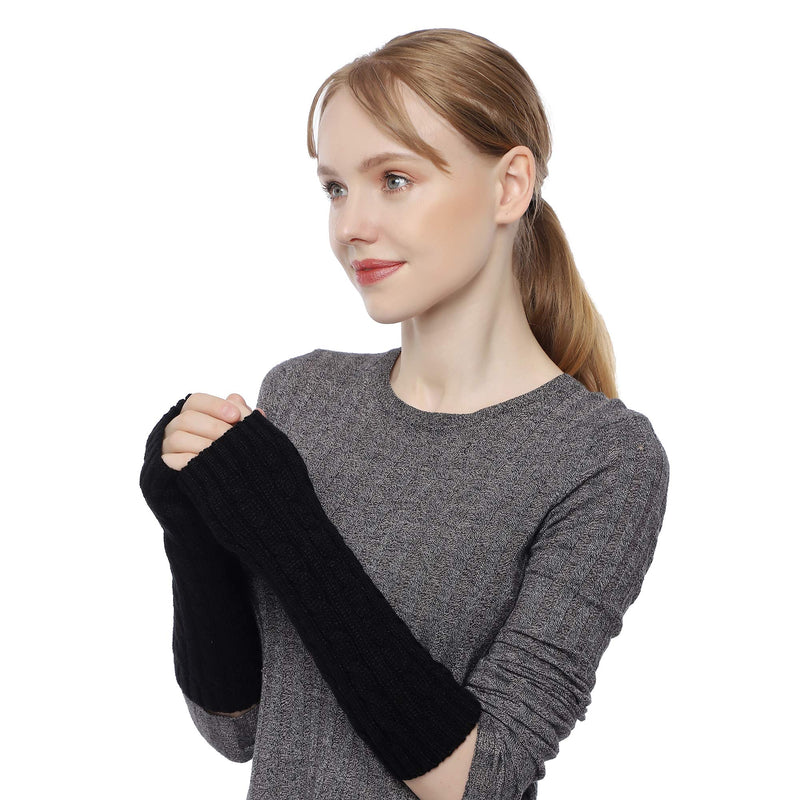 [Australia] - Flammi Women's Cable Knit Arm Warmers Fingerless Gloves Thumb Hole Gloves Mittens Black 