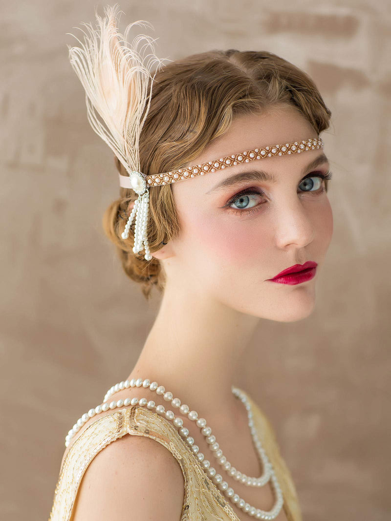 [Australia] - SWEETV 1920s Headpiece Flapper Headband, Pearl Peacock Feather Hair Band, Great Gatsby Accessoreis for Women, Blush Pink Pearl Blush Pink 