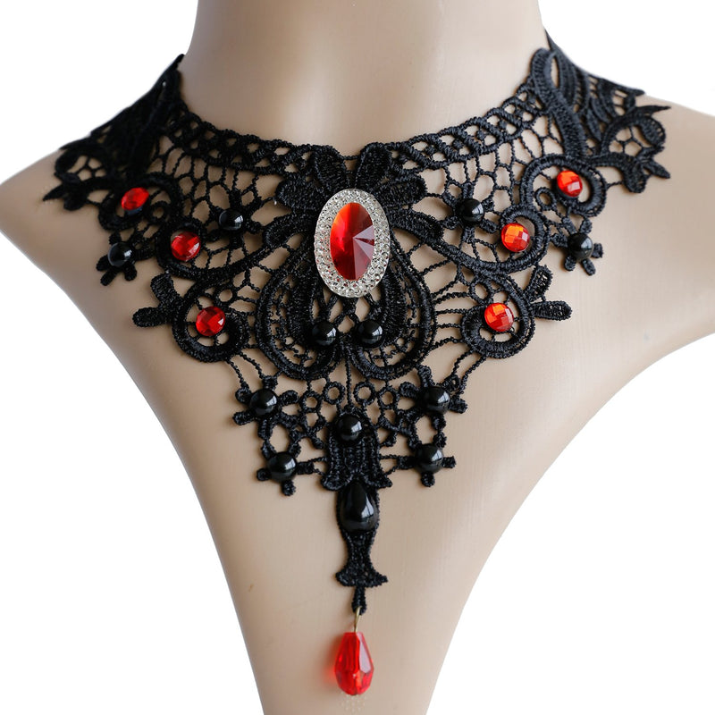 [Australia] - ETERNITY J. Elegant Vintage Black Lace Victorian Lolita Gothic Pendant Choker Necklace Earrings Set Red 