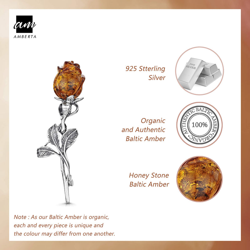 [Australia] - Amberta 925 Sterling Silver with Genuine Baltic Amber - Rose Brooch/Pin for Women - Honey Stone Color 