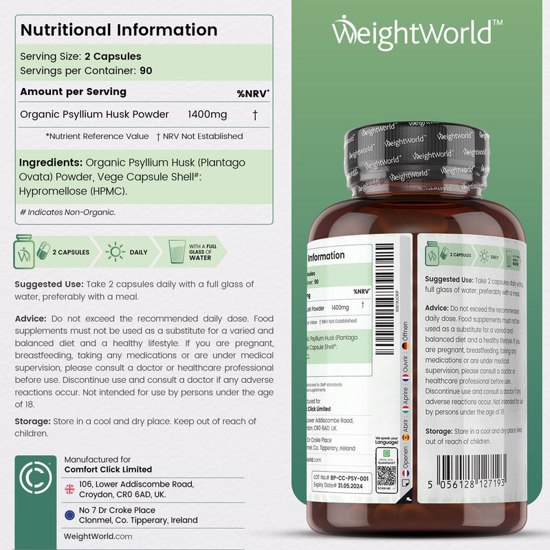 [Australia] - Organic Psyllium Husk Capsules 1400mg - 180 Vegan Capsules (3 Month Supply) - High Soluble Prebiotic Fibre Supplement - Soil Association Certified -Allergen & Gluten Free Psyllium Husk Powder Capsules 