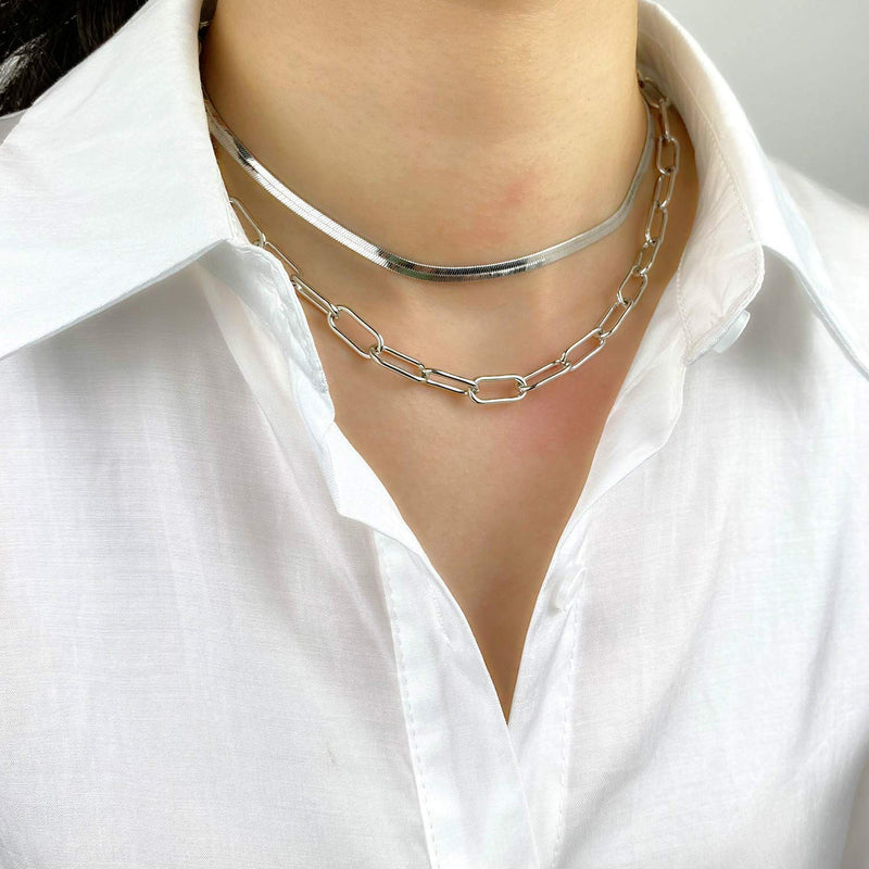 [Australia] - BaubleStar Link Layered Necklace Gold Layering Paperclip Chain Choker for Women 2 Layers Silver 