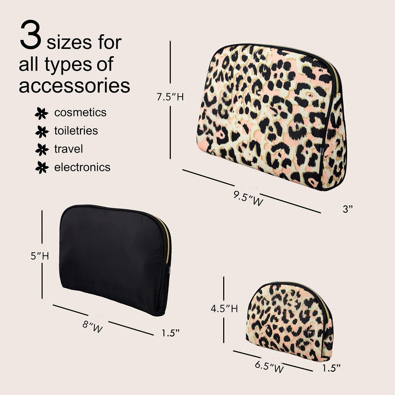 [Australia] - Once Upon A Rose 3 Pc Cosmetic Bag Set, Purse Size Makeup Bag for Women, Toiletry Travel Bag, Makeup Organizer, Cosmetic Bag for Girls Zippered Pouch Set, Large, Medium, Small (Black & Leopard) 