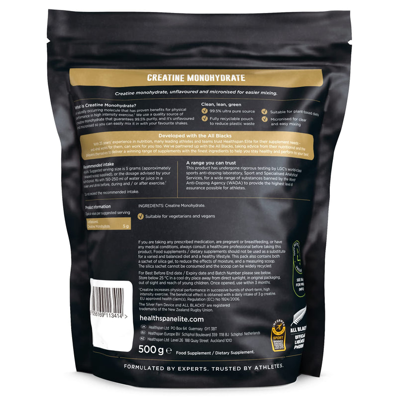 [Australia] - Healthspan Elite All Blacks Creatine Monohydrate (500g) | Increase Physical Performance & Intensity | Use During Exercise, or Pre/Post-Workout | Unflavoured | Vegan 