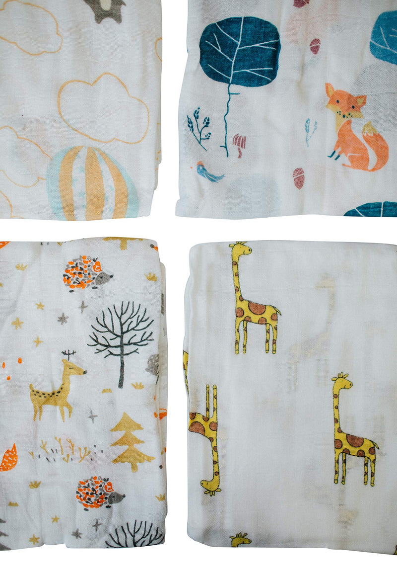 [Australia] - Little English Quality Muslin Squares cloth for Babies, Ultrasoft with 4 unique animal designs - Animal Friends - Pack of 4 - Size 60cm x 60cm 
