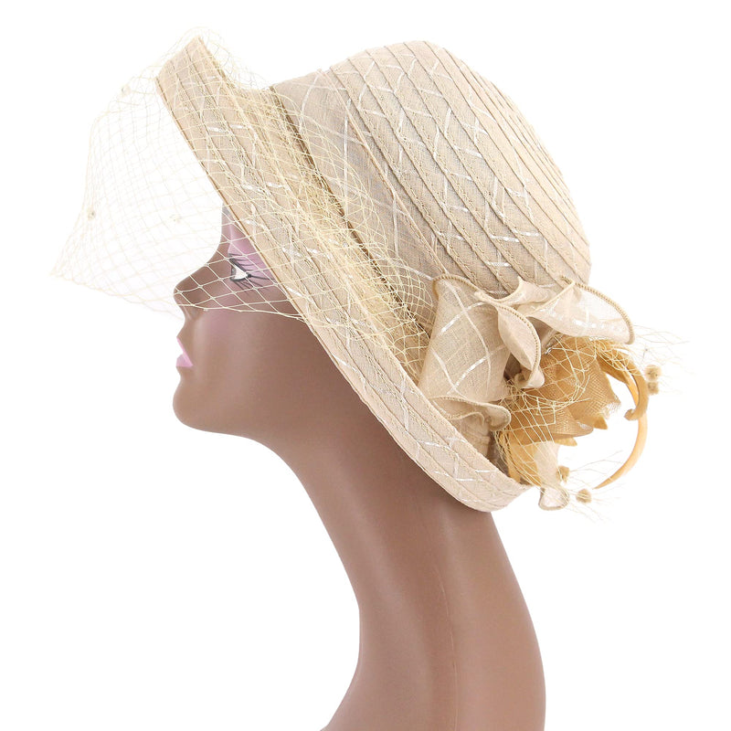 [Australia] - Haoohu Women's Kentucky Derby Hat Roll Brim with Veil Fascinator Cocktail Organza Bridal Dress Cap Veil-apricot 