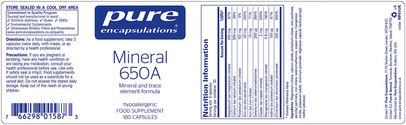 [Australia] - Pure Encapsulations - Mineral 650A - with Calcium, Magnesium, Iron, Iodine, Selenium & Zinc - Hypoallergenic Mineral and Trace Element Formula - 180 Capsules 