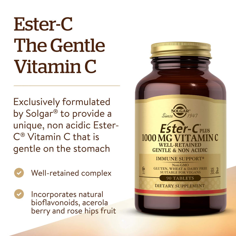 [Australia] - Solgar Ester-C Plus 1000 mg Vitamin C (Ascorbate Complex), 90 Tablets - Gentle On The Stomach & Non Acidic - Antioxidant & Immune System Support - Non GMO, Vegan, Gluten Free, Kosher - 90 Servings 90 Count (Pack of 1) 