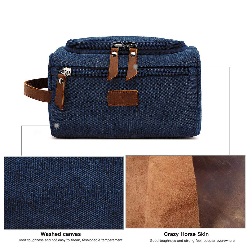 [Australia] - Mens Travel Toiletry Bag Dopp Kit - w/ PU Leather Handle Water Resistant Shaving Dopp Kit Travel Organizer Bag for Men - Best Gift for Men Father Denim Blue 