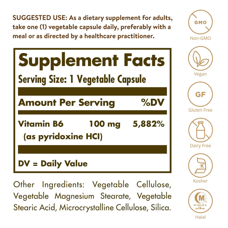 [Australia] - Solgar Vitamin B6 100 mg, 250 Vegetable Capsules - Supports Energy Metabolism, Heart Health & Healthy Nervous System - Non-GMO, Vegan, Gluten Free, Dairy Free, Kosher, Halal - 250 Servings 