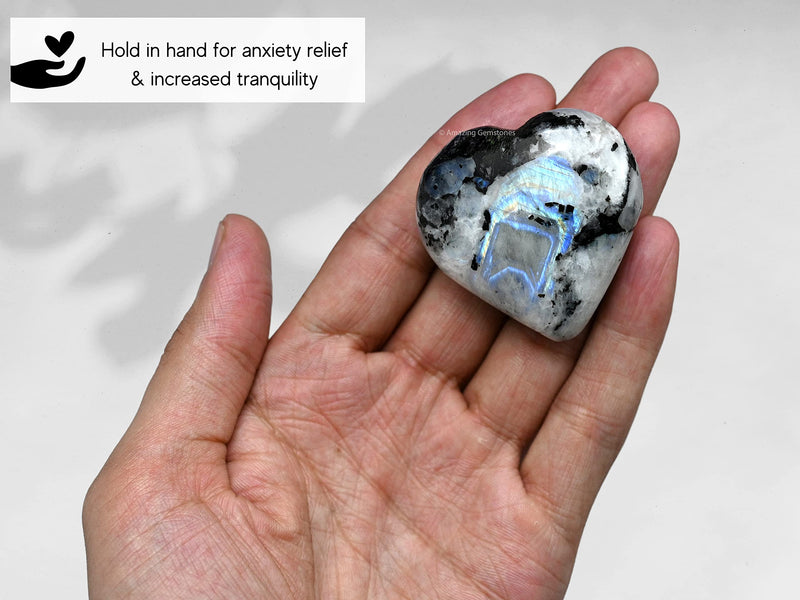 [Australia] - Rainbow Moonstone Crystal Heart Palm Stone - Pocket Massage Worry Stone for Natural Body Chakra Balancing, Reiki Healing and Crystal Grid Rainbow Moonstone 