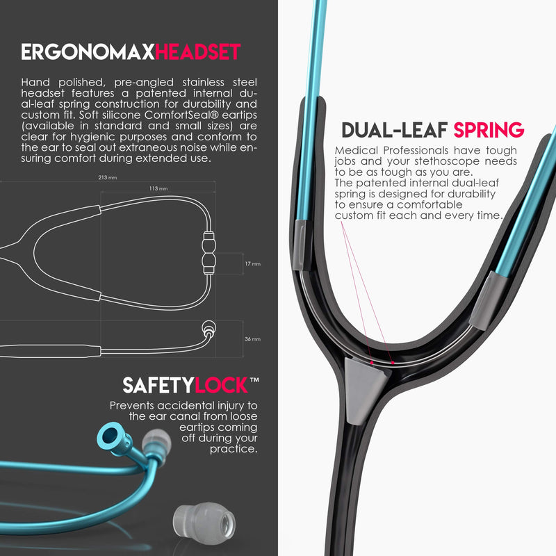[Australia] - MDF Acoustica Lightweight Stethoscope, Adult, Dual Head, Free-Parts-for-Life, Black Tube, Aqua Chestpiece-Headset, MDF747XPAQ11 Black-Aqua 