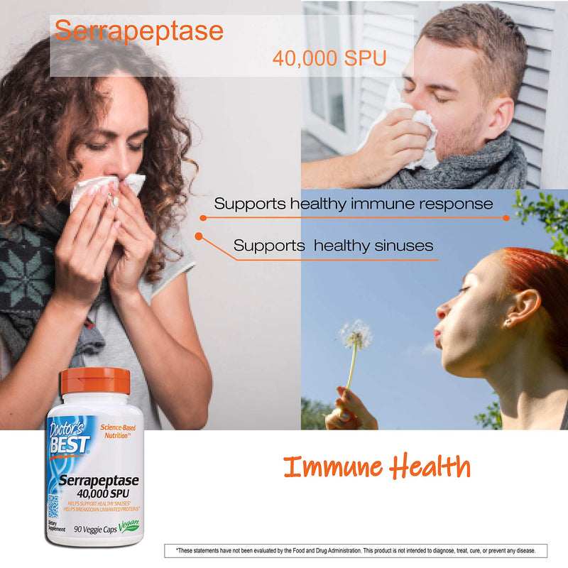 [Australia] - Doctor's Best Serrapeptase, Non-GMO, Vegan, Gluten Free, Supports Healthy Sinuses, 40,000 SPU, 90 Count (Pack of 1) 