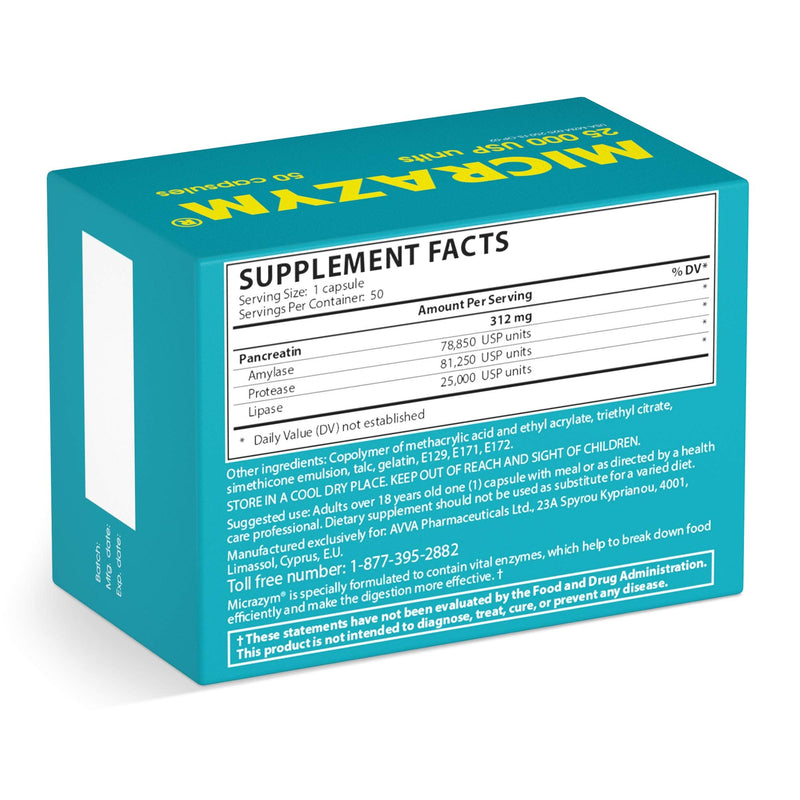 [Australia] - AVVA Pharmа Micrazym Pancreatic Enzymes - 25,000 USP Effective Pancreatic Enzyme Supplements - Digestive Enzymes for Digestion - 50 Fast-Acting Capsules with Amylase, Lipase and Protease 