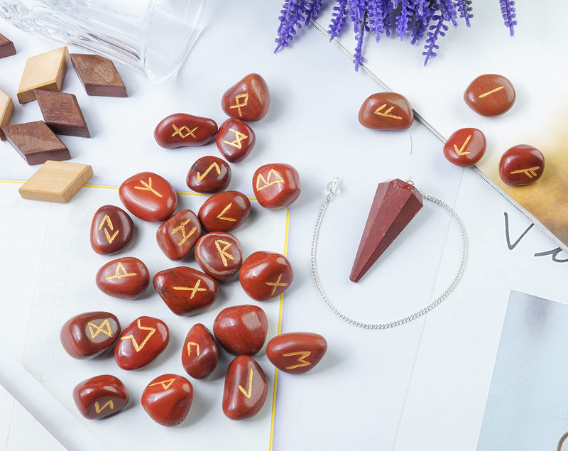 [Australia] - Crocon Red jasper tumbled Gemstone Engraved Rune Stones Set (25 Pcs) with Elder Futhark Alphabets & 1 Pendulum Meditation healing set Size: 15-20 mm 