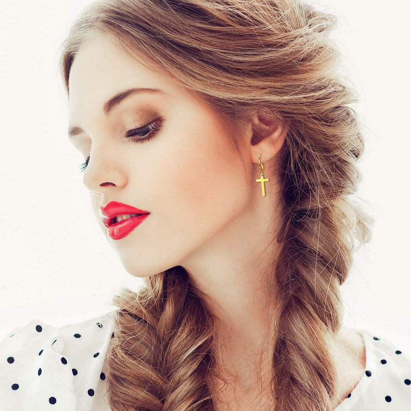 [Australia] - JewelryWe Cross Earrings,Glossy Stainless Steel Dangle Earrings Hoop Ear Rings for Men Women(Gold) 