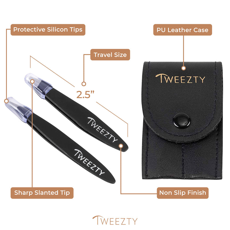 [Australia] - Tweezty Tweezer Set for Travel - Mini Slant Tweezers and Precision Tweezers - Tweezers for Eyebrows and Tweezers for Ingrown Hair - Black Tweezers Kit with Travel Case 