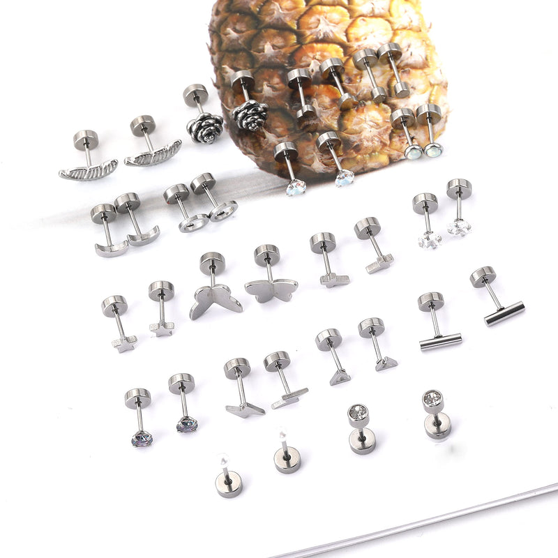 [Australia] - 18 Pairs Stainless Steel Stud Earrings Set for Women Men Star Moon flower Heart Leaf Opal 20G Cartilage Earrings Hypoallergenic Flatback Earrings Piercing Jewelry Silver 