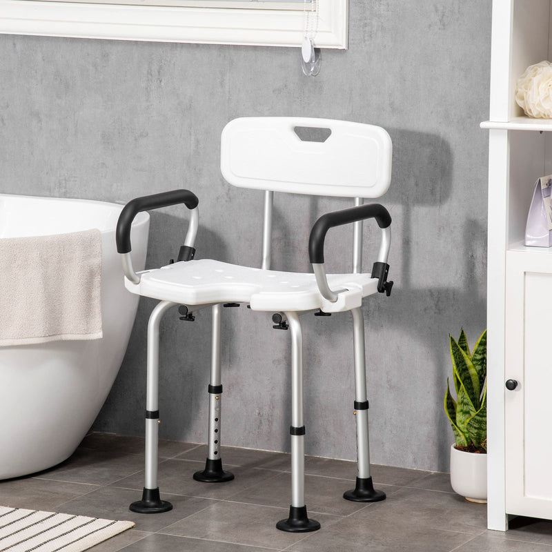 [Australia] - HOMCOM Shower Chair for the Elderly and Disabled, Height Adjustable Shower Stool with Back and Flipped Padded Arms, Suction Foot Pads, White 