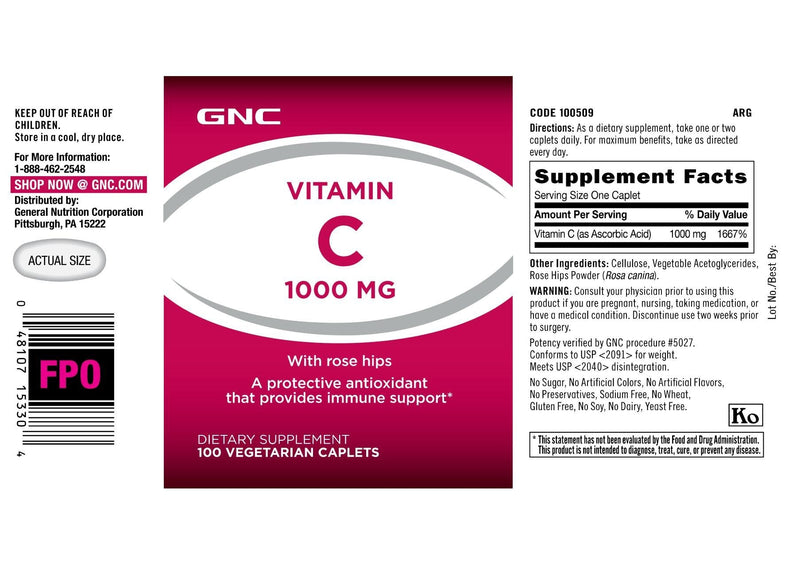 [Australia] - GNC Vitamin C 1000 MG 100 Vegetarian Caplets 100 Count (Pack of 1) 