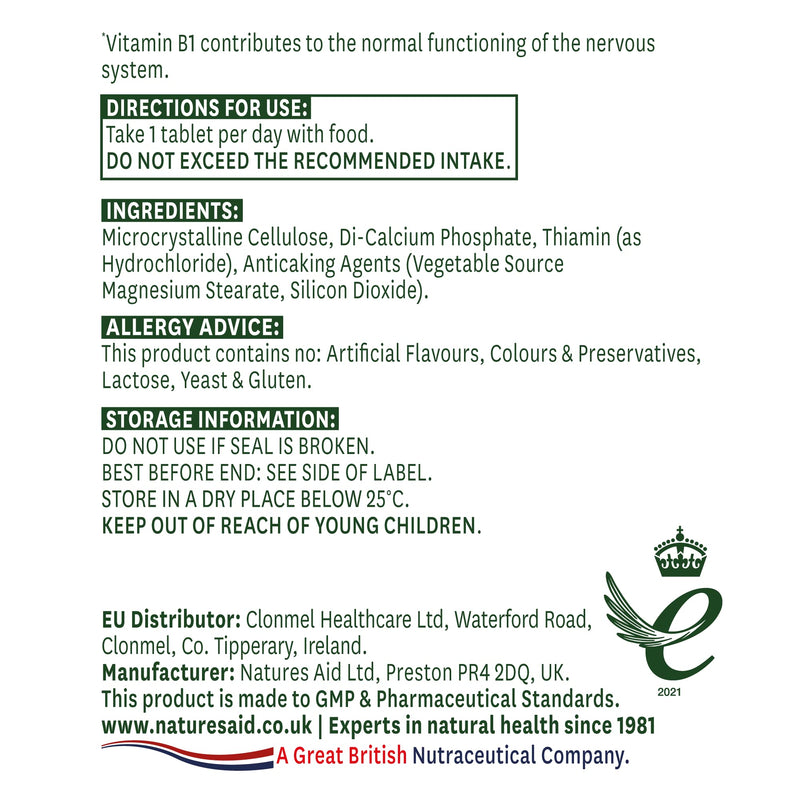 [Australia] - Natures Aid Vitamin B1 Thiamin, 100 mg, 90 Tablets (Contributes to Normal Functioning of the Nervous System, Made in the UK, Vegan Society Approved) 
