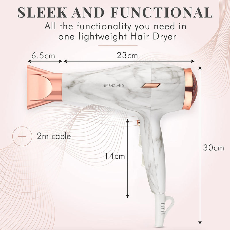 [Australia] - Hair Dryer, Lightweight Hairdryer for Women - 1800 Watts Blow Dryer with 2 Speed, 3 Heat Settings, and Cool Shot Button - by Lily England in Rose Gold / Marble (UK Plug) 