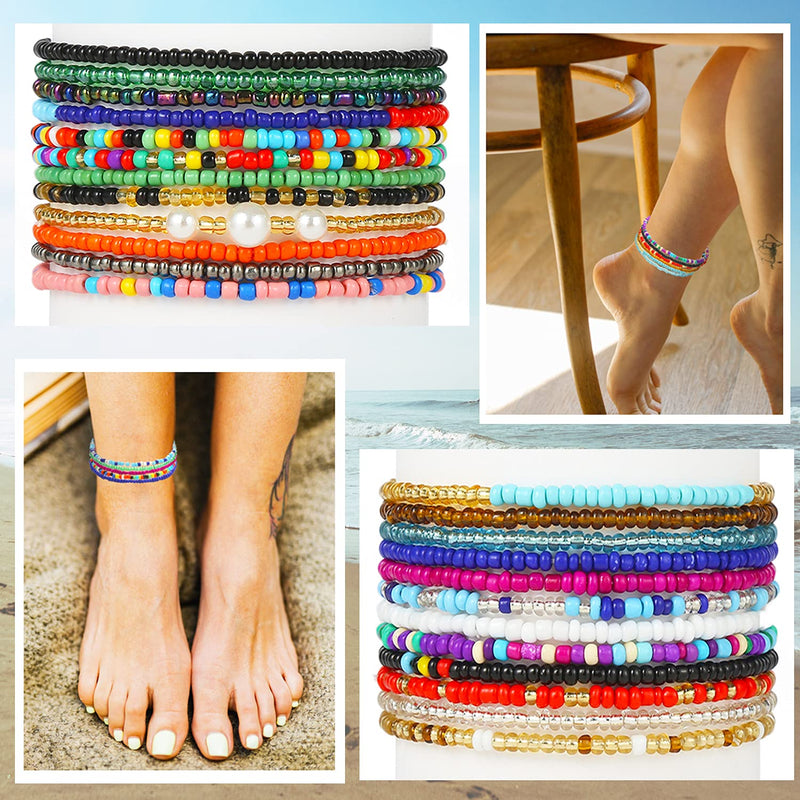 [Australia] - 24Pcs Beaded Anklets for Women Handmade Boho Elastic Beaded Ankle Bracelets Set Colorful Anklets for Teen Cute Anklets 
