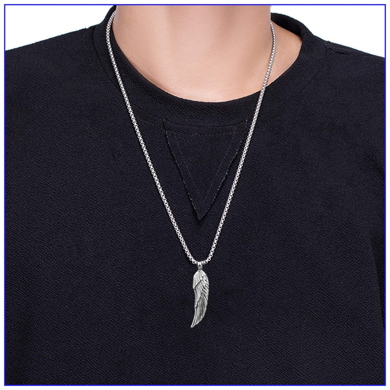 [Australia] - Fusamk Punk Stainless Steel Wing Pendant Feather Necklace,24" Box Chain Steel Feather 