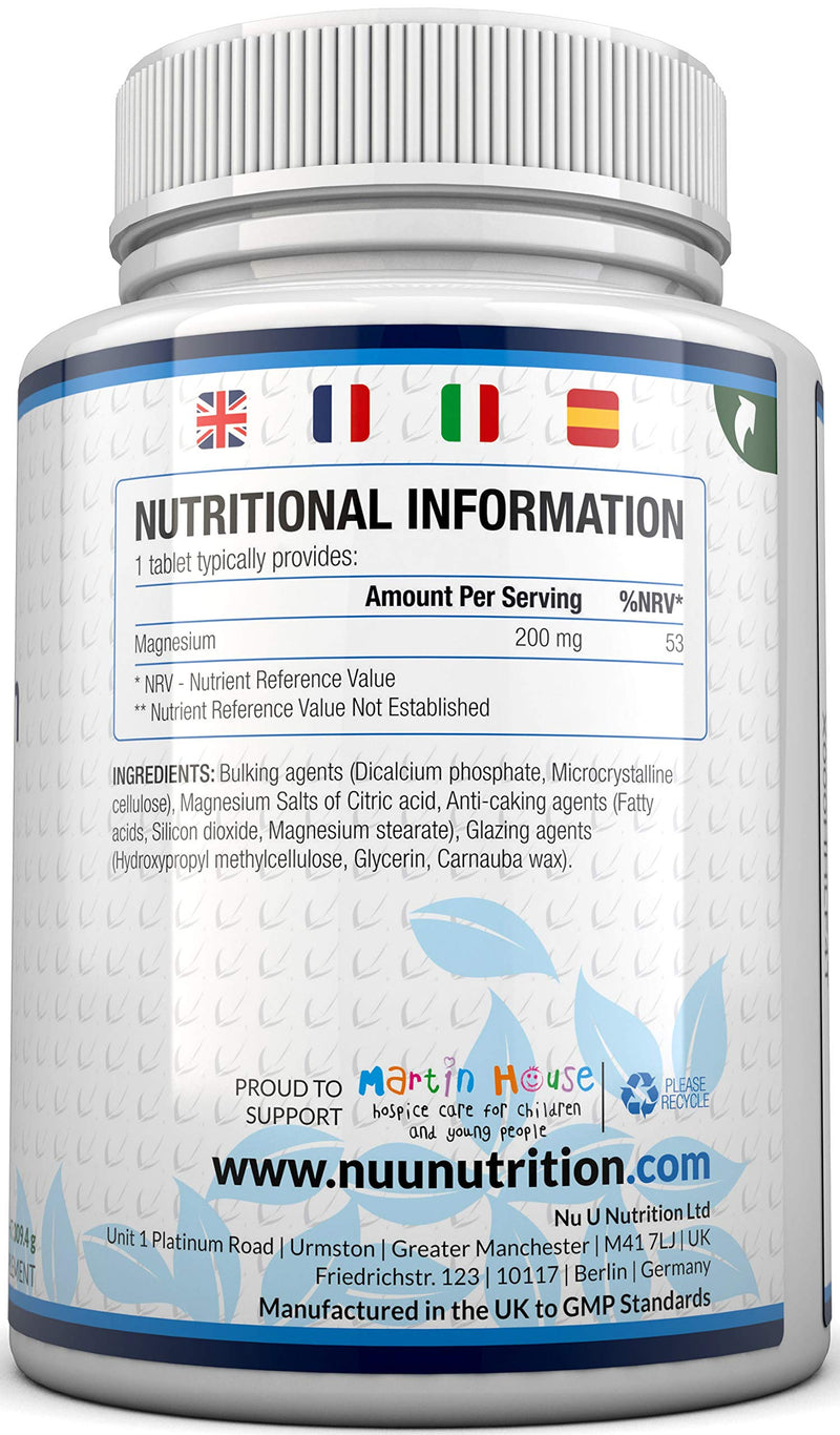 [Australia] - Magnesium Citrate 200mg | 180 Tablets for 6 Month Supply of Magnesium Tablets | Made in The UK by Nu U Nutrition 