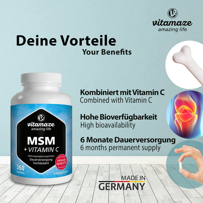 [Australia] - MSM Capsules with Vitamin C - 360 Capsules for 6 Months - 1334 mg Daily Dose of Organic Sulfur Powder, 99.9% Pure Methylsulfonylmethane - German Quality Supplement MSM and Vitamin C 