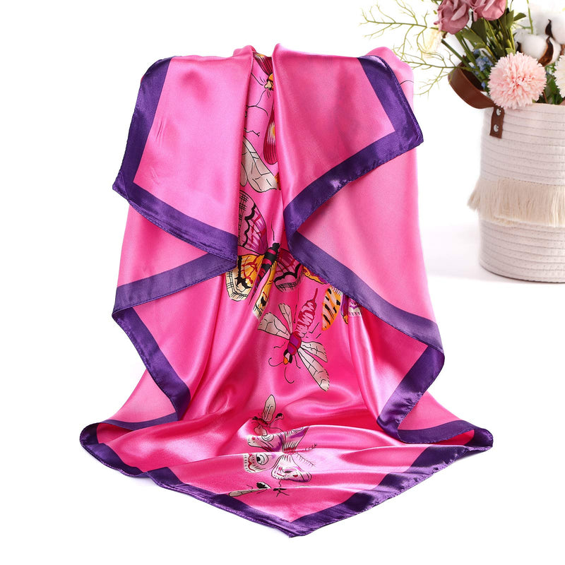 [Australia] - 35” Satin Large Square Head Scarves - 4PCS Silk Like Neck Scarf Hair Sleeping Wraps Lightweight Satin Silk Scarfs for Women Buttfly Patterns(blue/Coffee/Beige/Rose Red) 