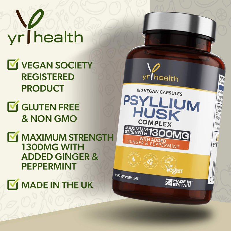 [Australia] - Psyllium Husks Capsules - 1300mg Fibre Supplement - 180 Vegan Capsules with Added Peppermint & Ginger - 2 Capsules not Tablets Per Serving - Plantago Ovata Plant Seeds - Made in The UK by YrHealth 