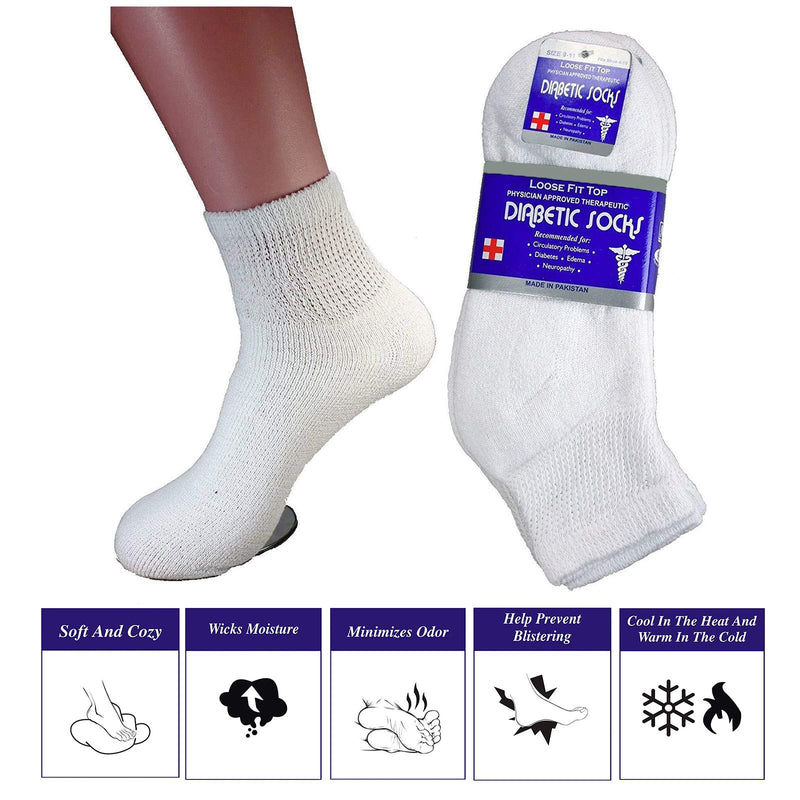 [Australia] - Diabetic Ankle Socks, Non-Binding Circulatory Doctor Approved Cushion Cotton Quarter Socks for Men’s Women’s 3,6,12 Pack White 10-13 