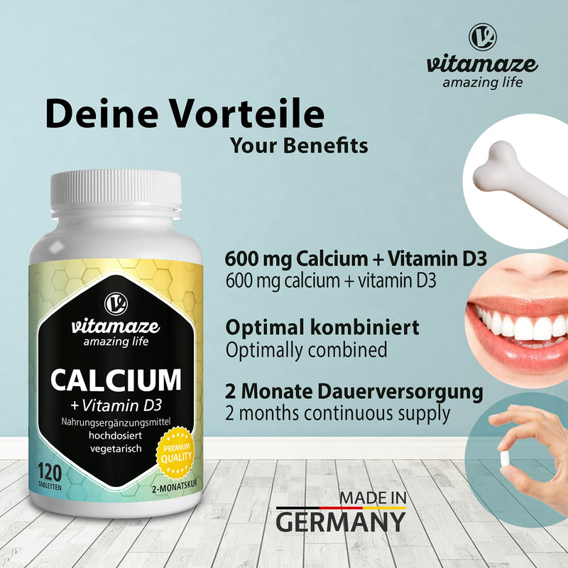 [Australia] - Calcium and Vitamin D3 Tablets 600 mg - Calcium Carbonate High Strength + 400 IU Cholecalciferol per Daily Dose -120 Vegetarian Tablets for 2 Months - Supplement for Bone Density 