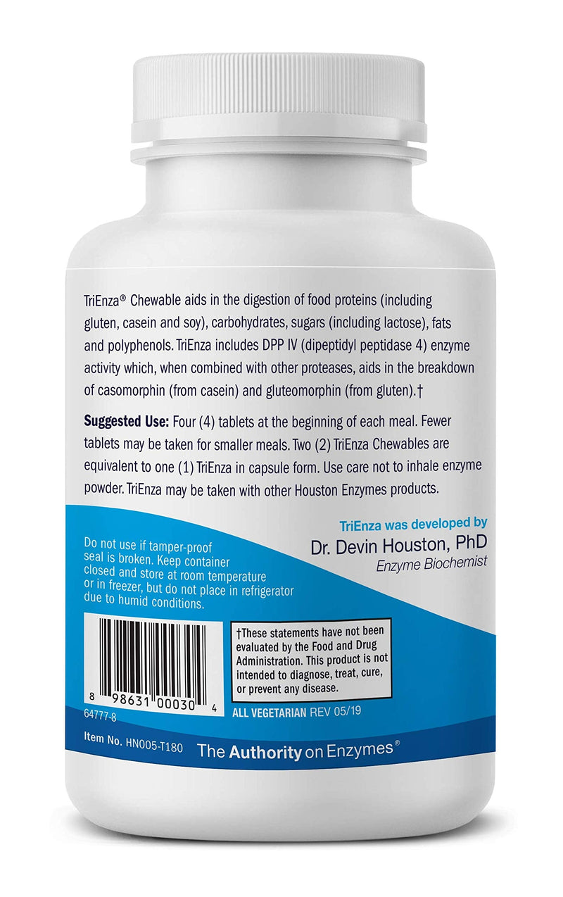 [Australia] - Houston Enzymes – TriEnza – 180 Chewable Tabs (45 Doses) –Broad-Spectrum Enzymes for Digestive Intolerances –Supports Digestion of Gluten, Casein, Soy, Proteins, Carbohydrates, Sugars, Fats & Phenols 