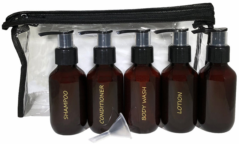 [Australia] - Bottiful Home - 3 oz. Refillable Amber Plastic Travel Bottles Set of 5 w Pumps - Gold Printed Shampoo, Conditioner, Body Wash, Lotion + Other - TSA-Compliant 